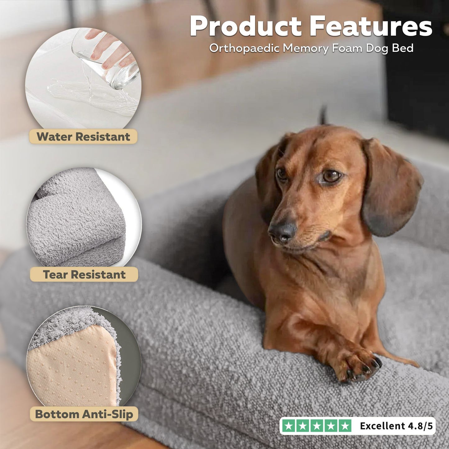 Grey Vet-Approved Orthopaedic Memory Foam Dog Bed - 3-Year No-Sag Guarantee + Lifetime Support Guarantee